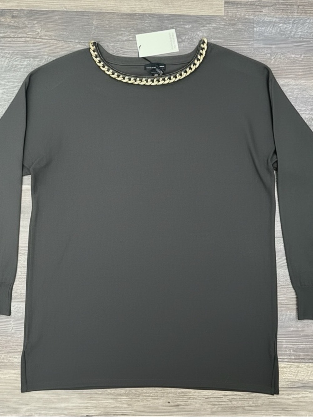 NWT Adrienne Vittadini green knit sweater w gold chain neck size large L B149